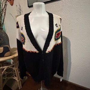 Jantzen Black Cardigan Sweater with Cream Yoke and Multicolor Motifs